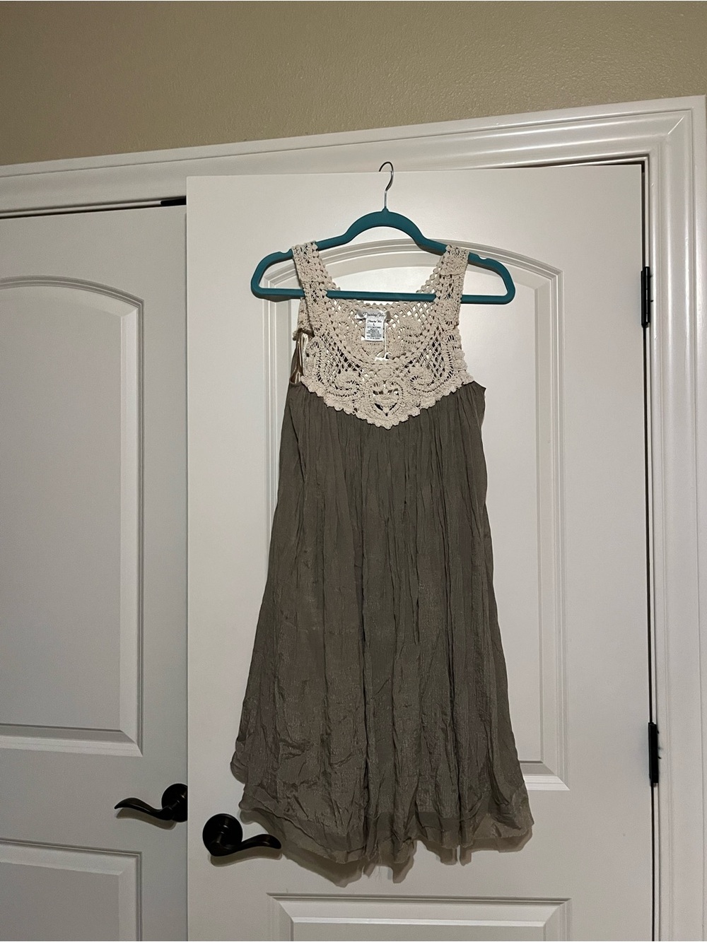 Boho Crochet Yoke Sleeveless Dress in Taupe